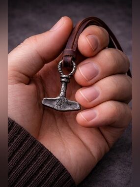 Viking Thor’s Hammer Pendant Necklace on Brown Leather Cord